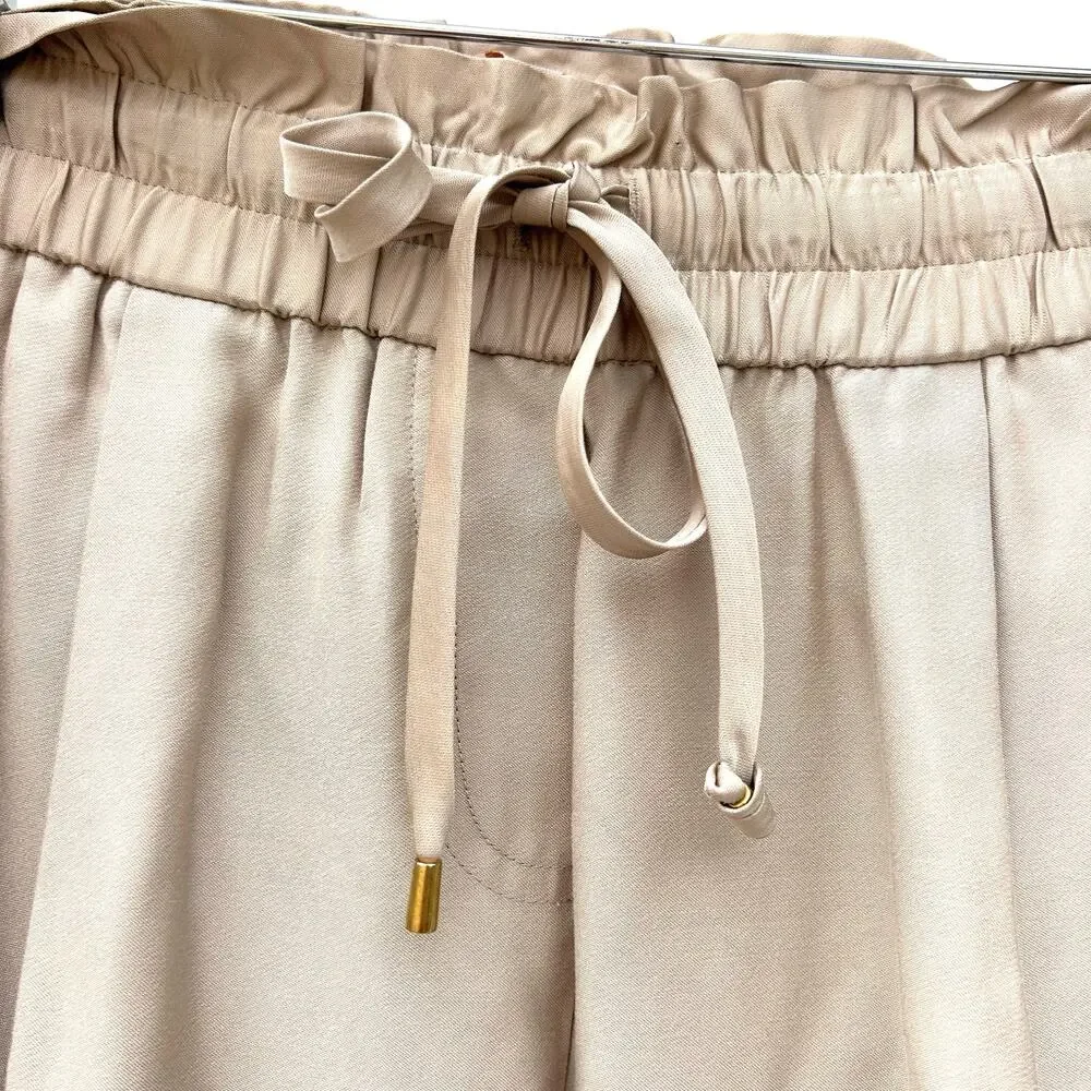 Tory Burch Satin Modal Rayon Tapered Drawstring Pull On Trousers Pants Small Tan